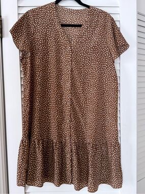 Brown & White Speckled Print Button Front Ruffle Hem Mini Dress Size L
